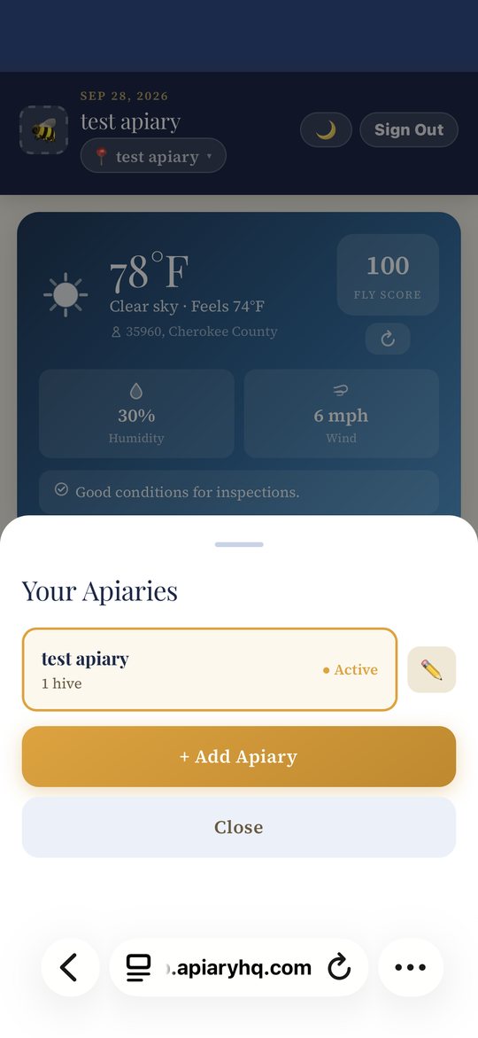 The Your Apiaries screen, reached by tapping the apiary pill, showing an existing apiary marked Active and the Add Apiary button.