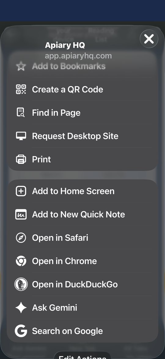 Chrome's expanded share sheet on iPhone, showing Add to Home Screen for app.apiaryhq.com.