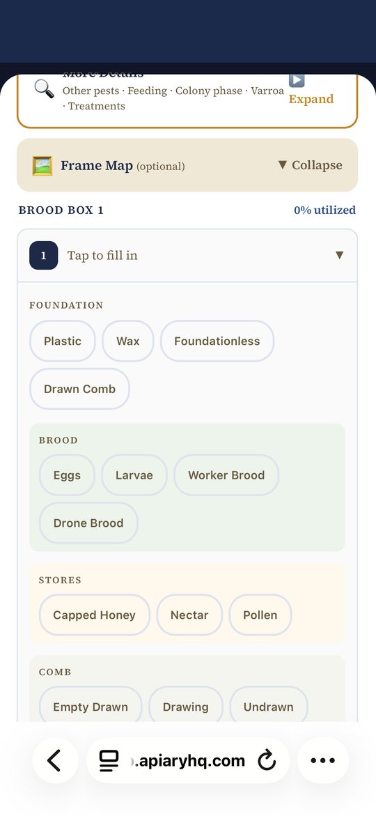 The Frame Map section expanded, showing Brood Box 1 with a frame's Foundation, Brood, Stores and Comb options.