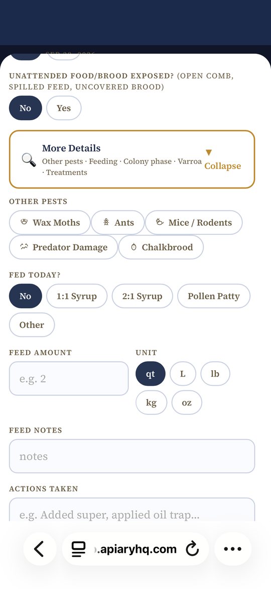 The expanded More Details section, showing Other Pests, Fed Today, Feed Amount, and Actions Taken fields.