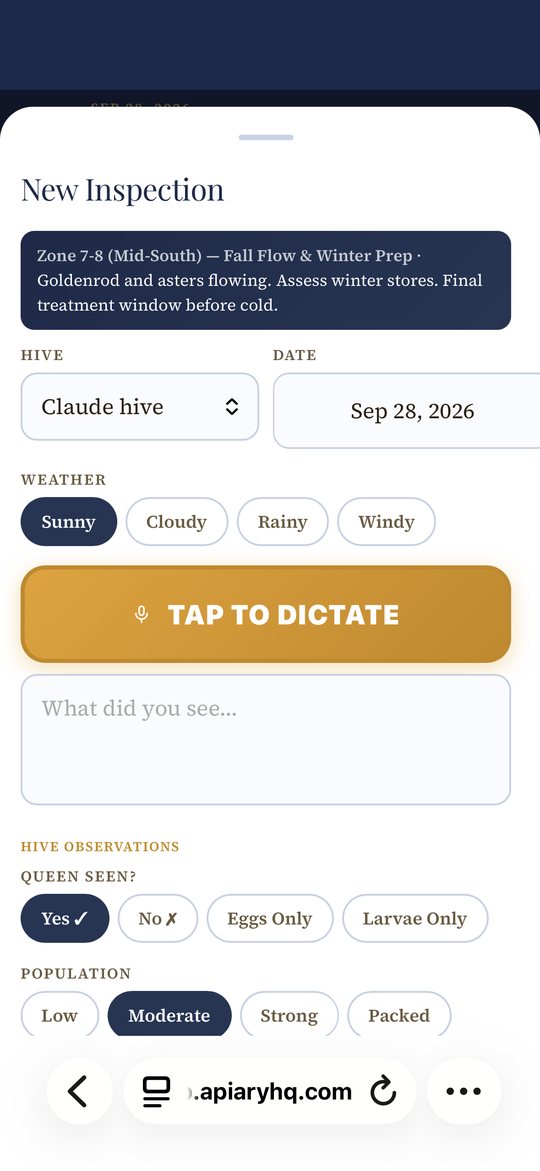 The top of a new inspection form: hive, date, weather, and the Tap to Dictate button.