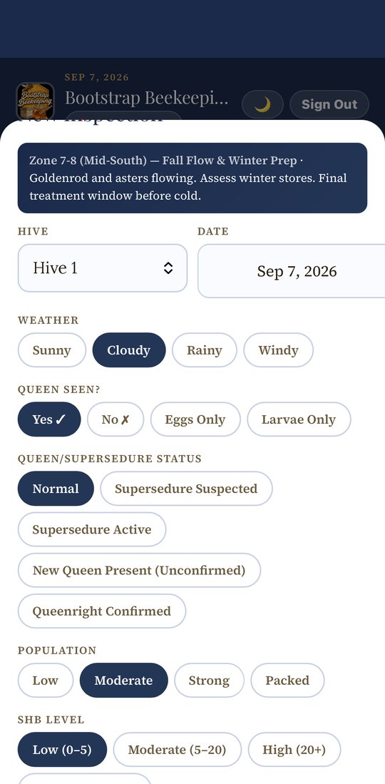 The inspection form with tap-to-select options for queen status, brood pattern, population, temperament and small hive beetle level.